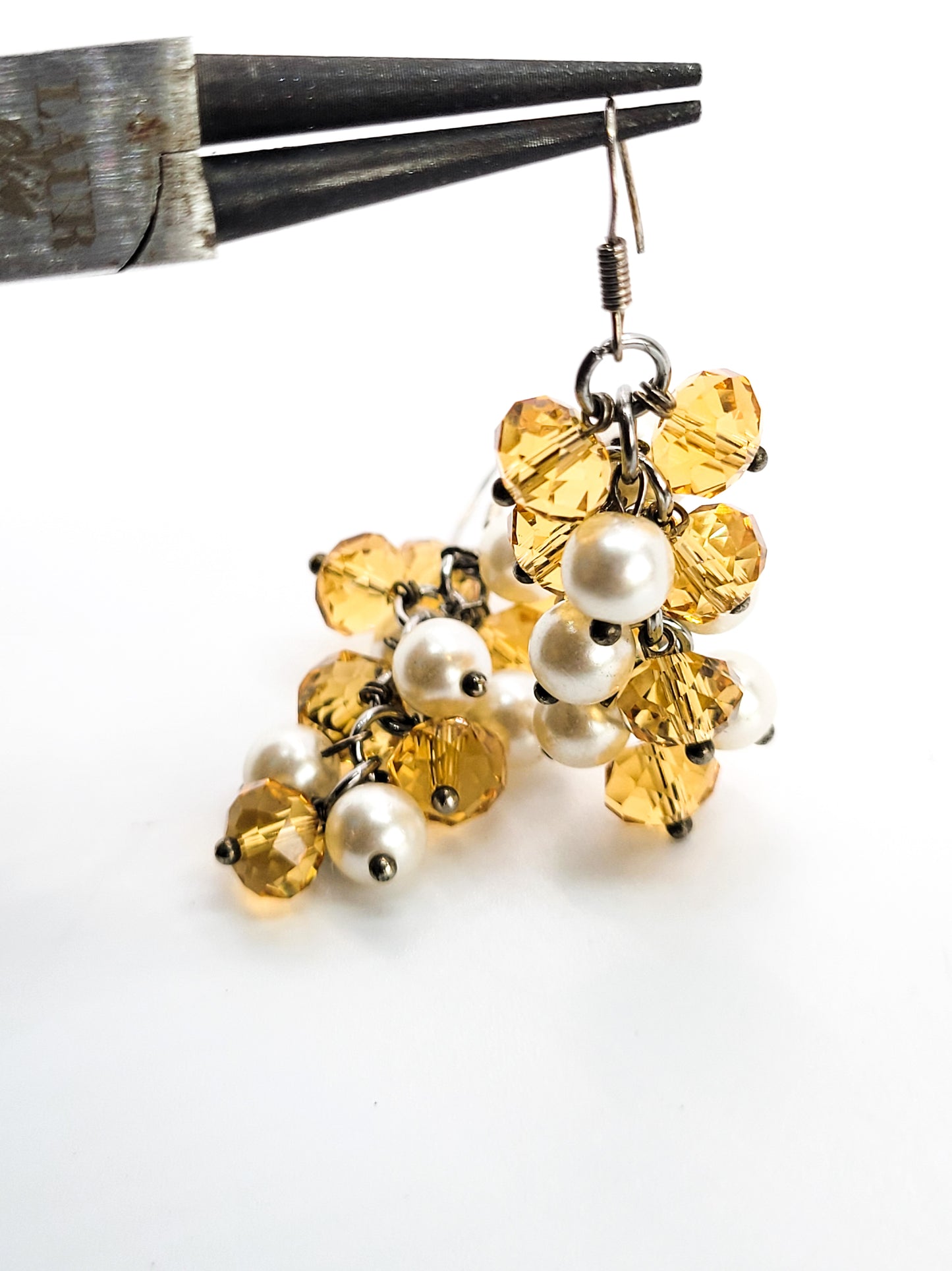 Citrine glass and faux white pearl beaded drop sterling silver earrings