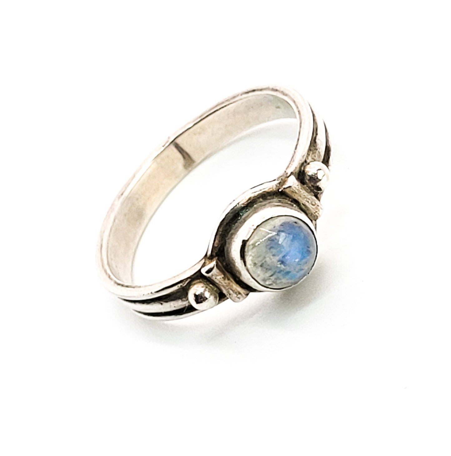 Flashy Blue Moonstone tribal balinese style sterling silver ring size 6