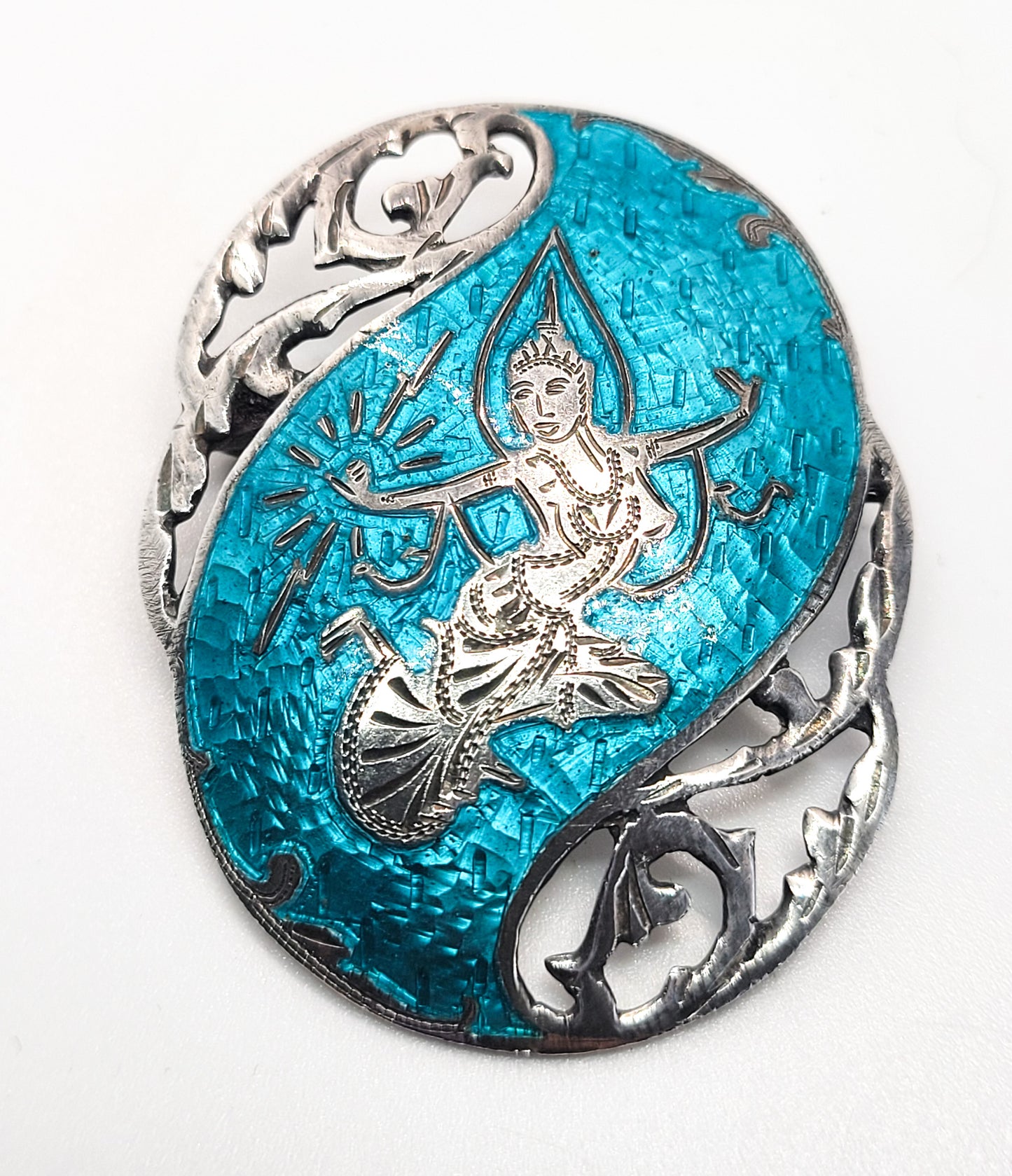 Maleka lightning goddess Siam sterling silver aqua blue enamel vintage brooch