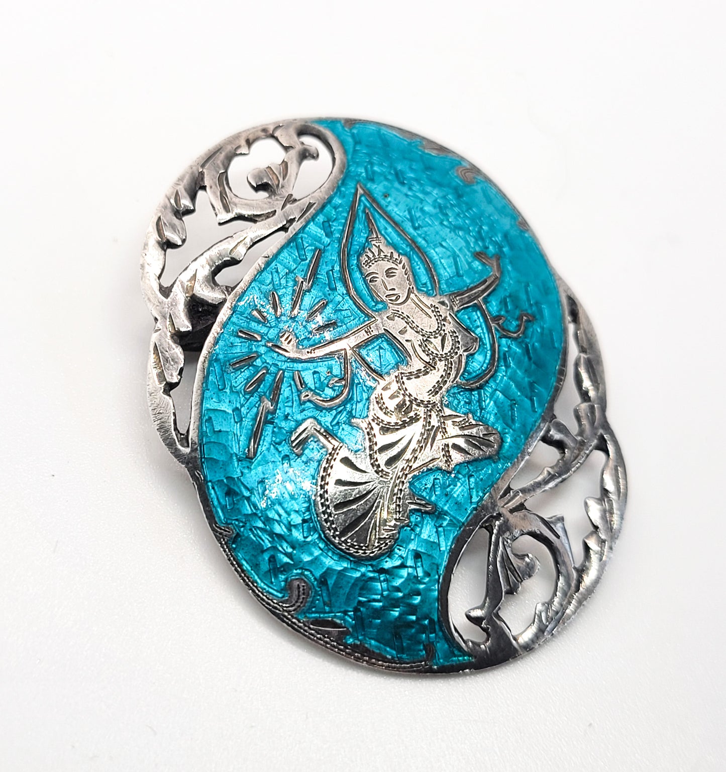Maleka lightning goddess Siam sterling silver aqua blue enamel vintage brooch