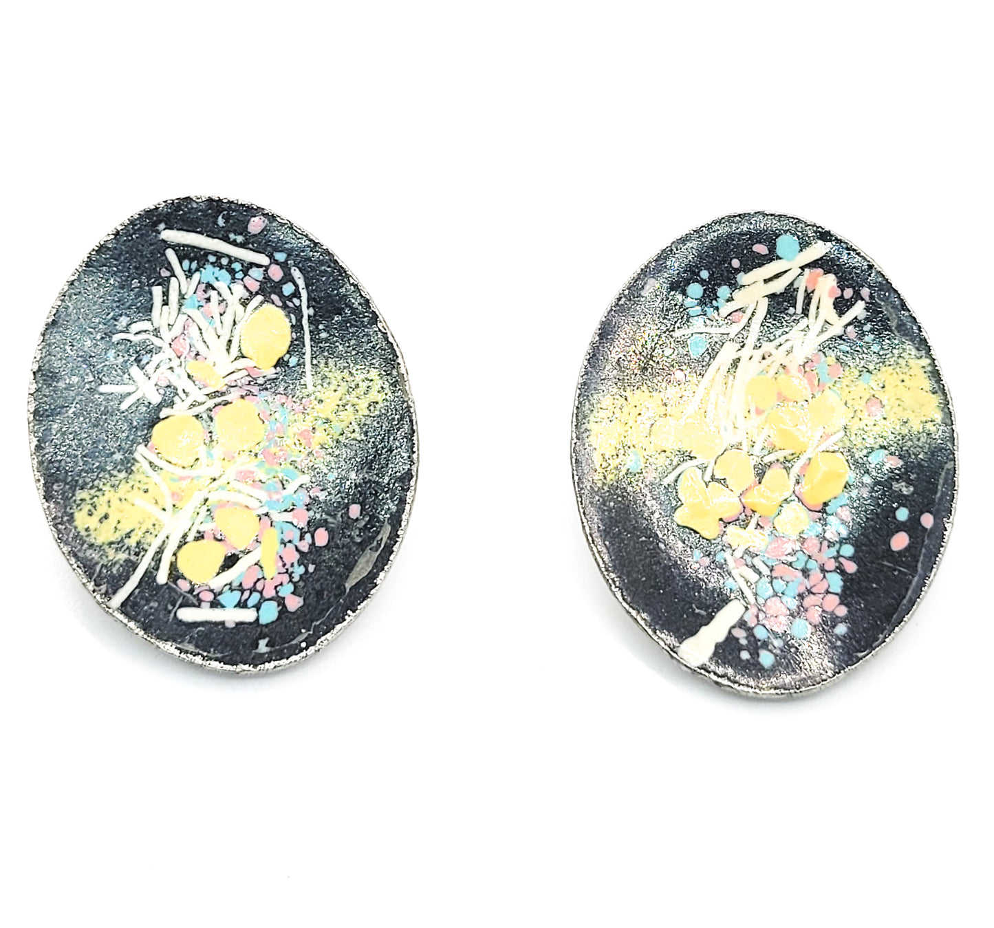 Retro Black and abstract yellow enamel vintage disk clip on earrings