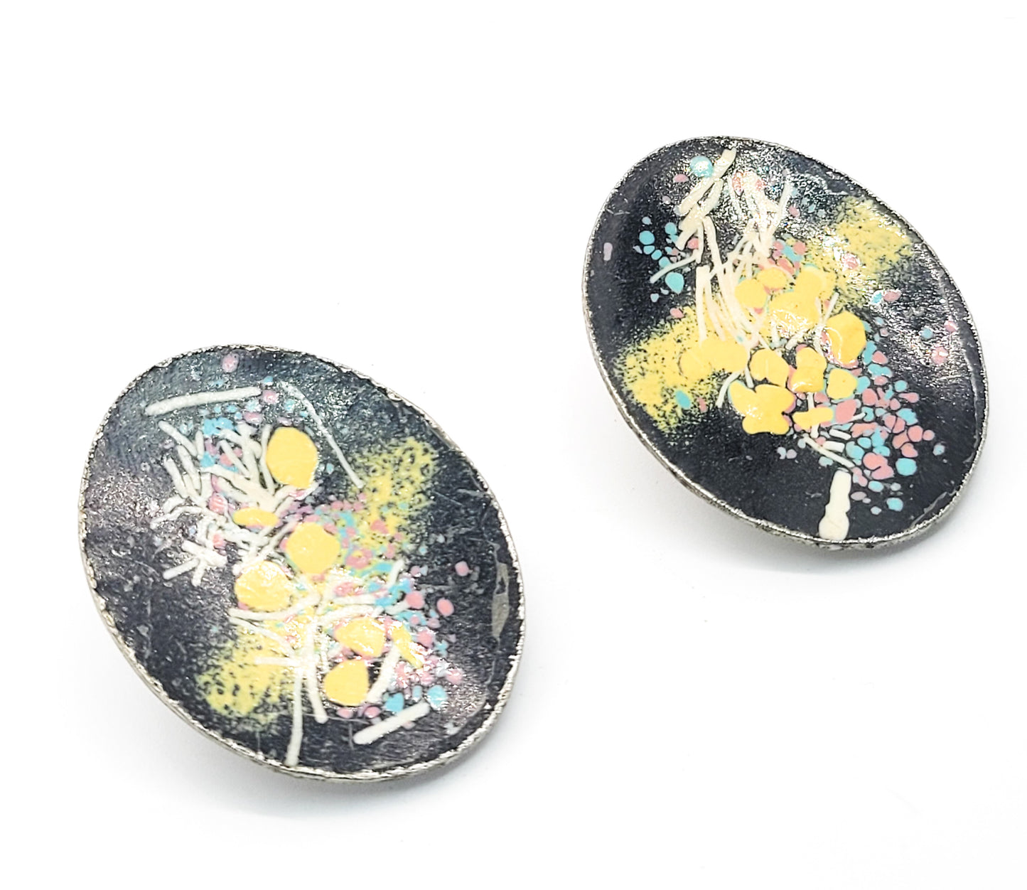 Retro Black and abstract yellow enamel vintage disk clip on earrings