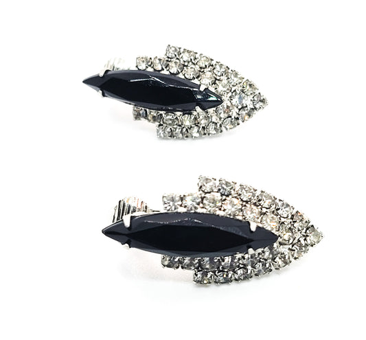 Retro Black and white large Navette vintage rhinestone clip on earrings