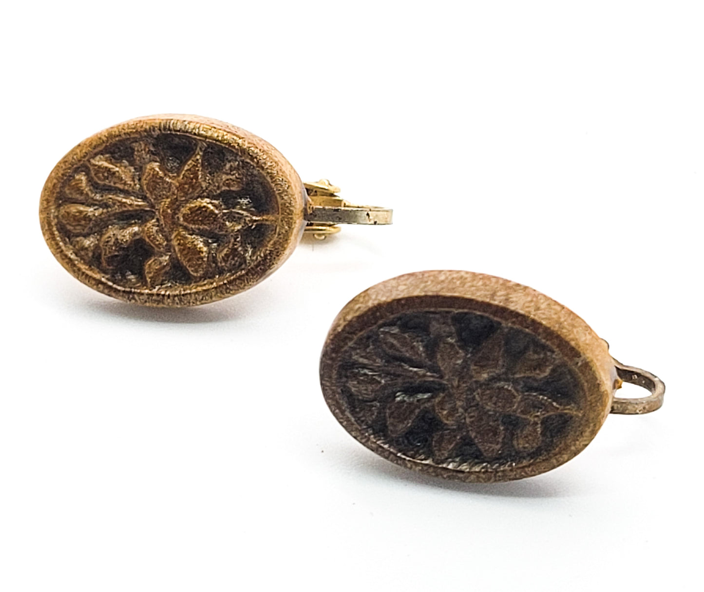 Retro Lotus flower carved wood vintage clip on earrings made in Hong Kong