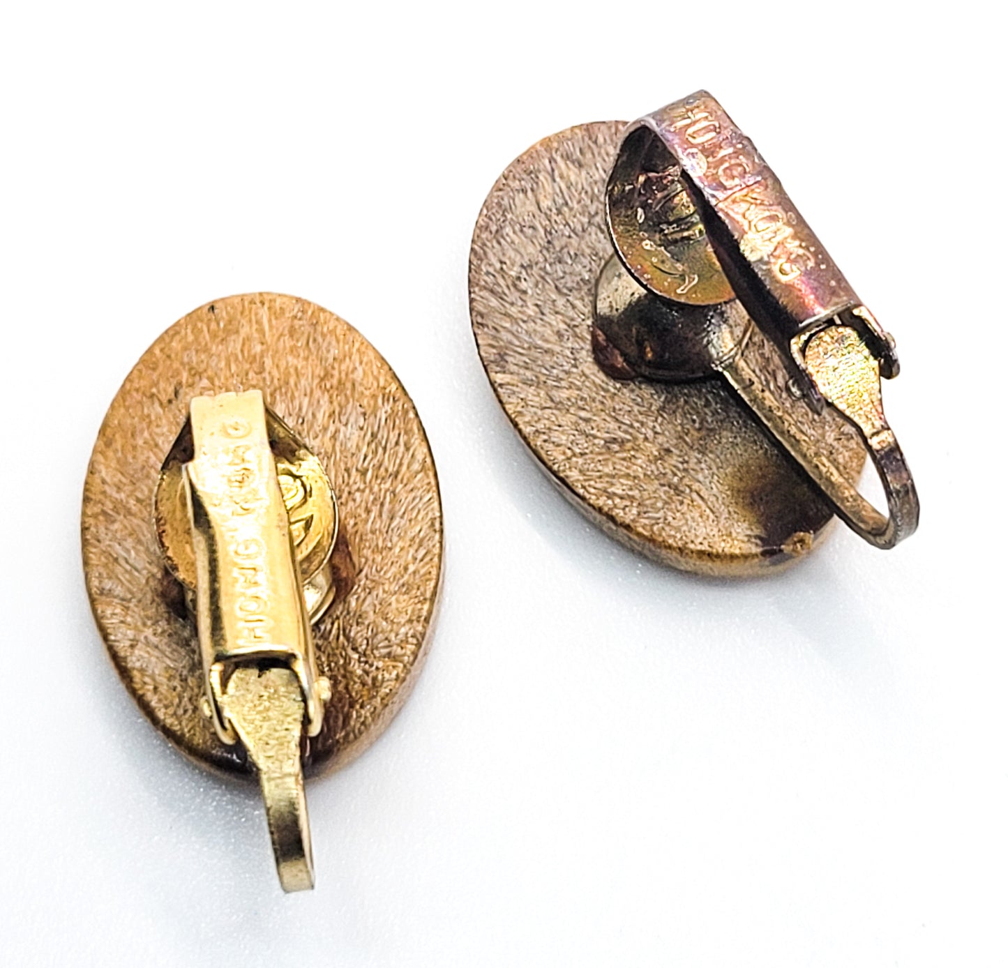 Retro Lotus flower carved wood vintage clip on earrings made in Hong Kong