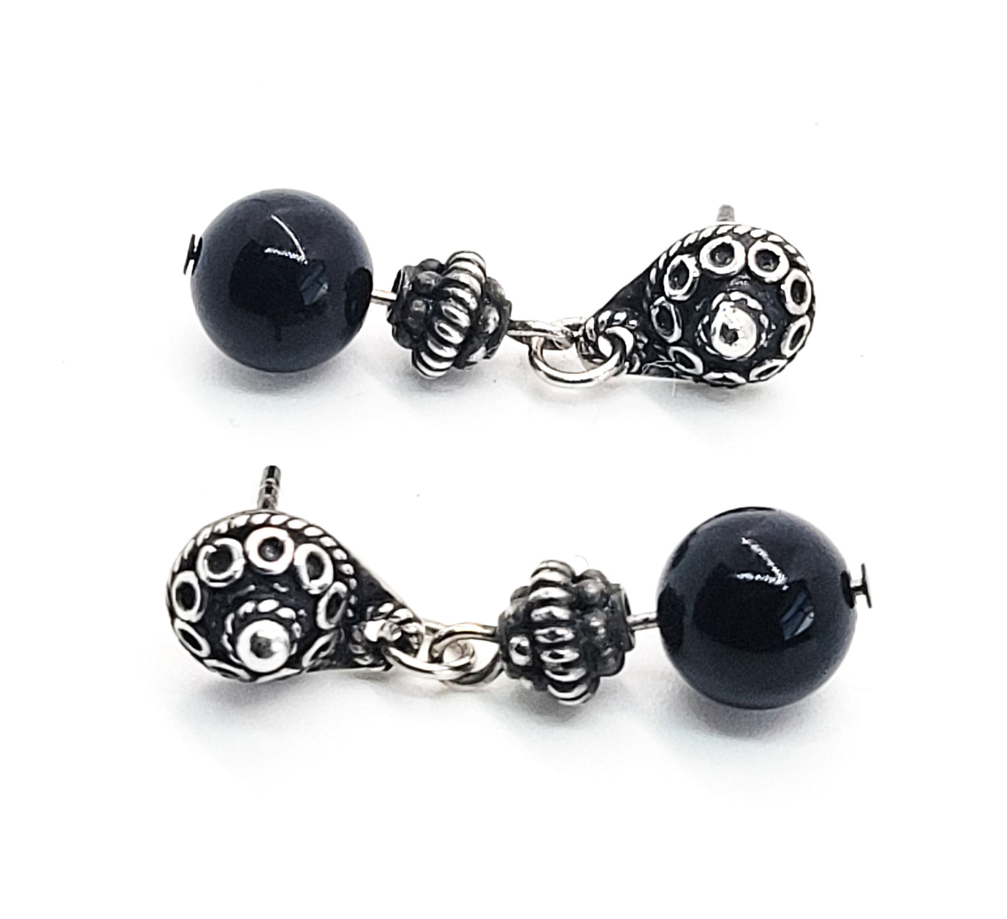 Black onyx sterling silver Balinese tribal vintage beaded drop earings