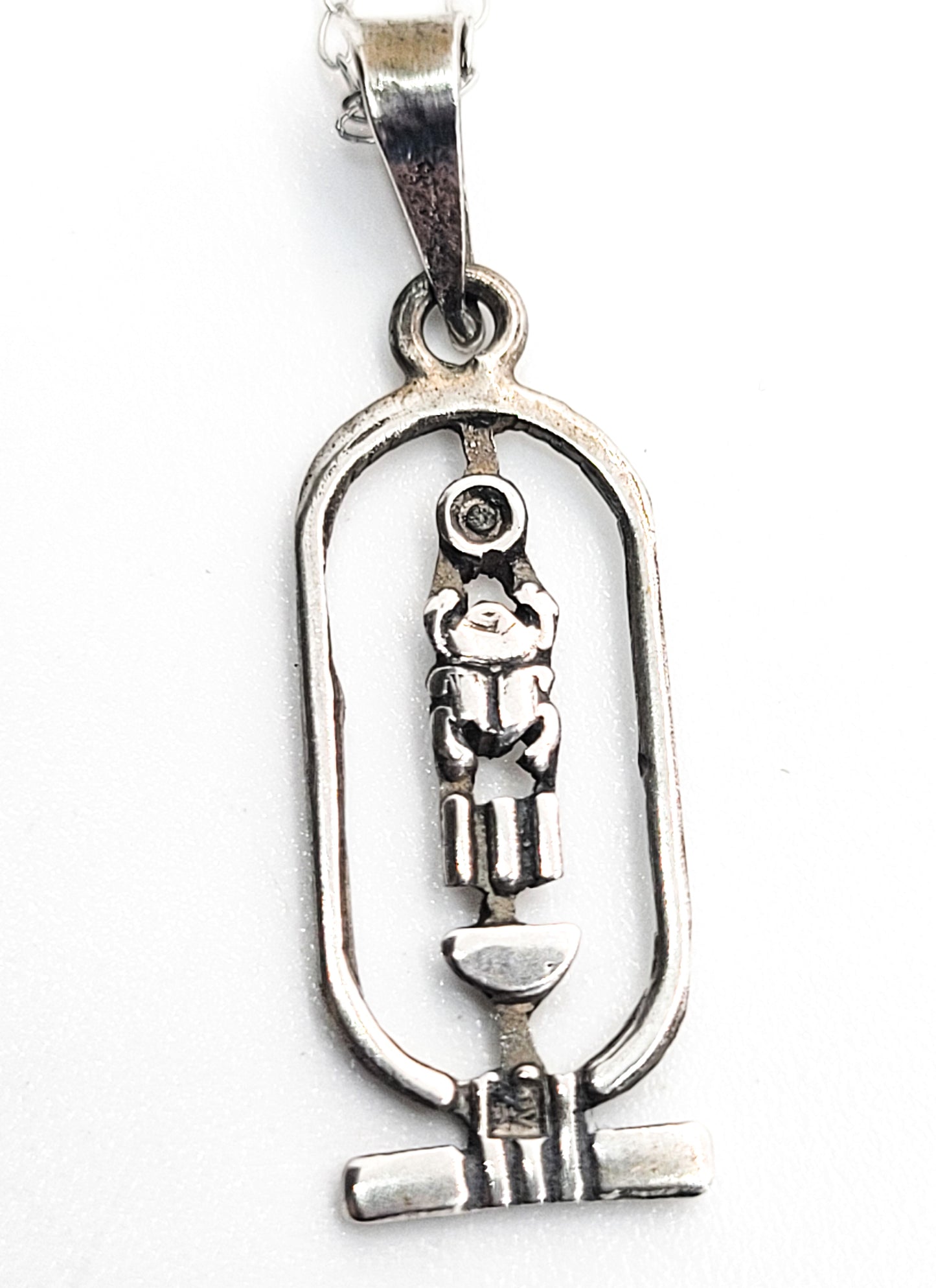 Egyptian cartouche Ra scarab open work sterling silver vintage pendant necklace