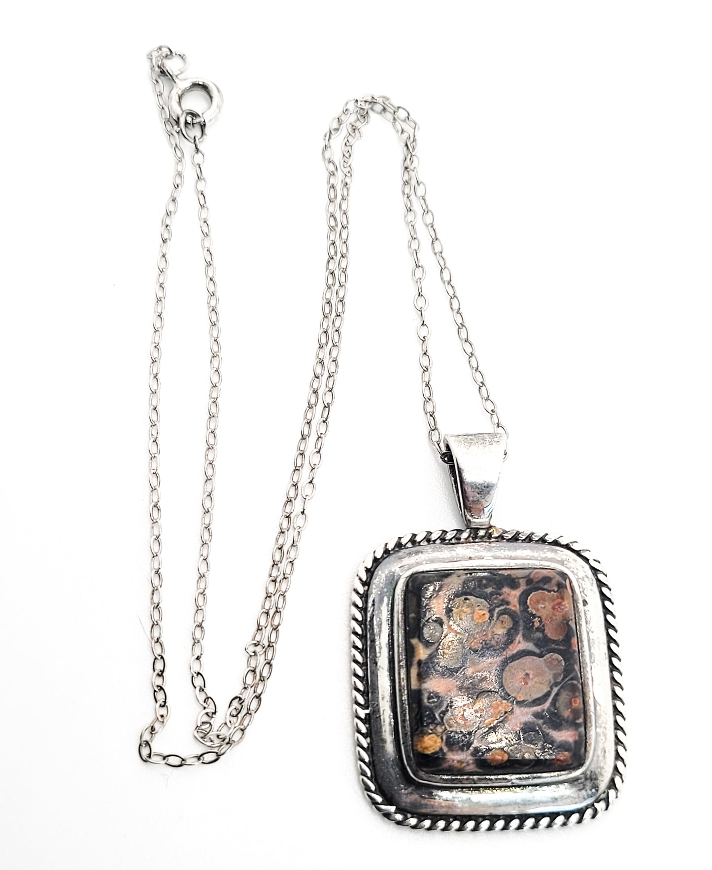 PB Leopard Jasper gemstone signed modernist sterling silver pendant necklace