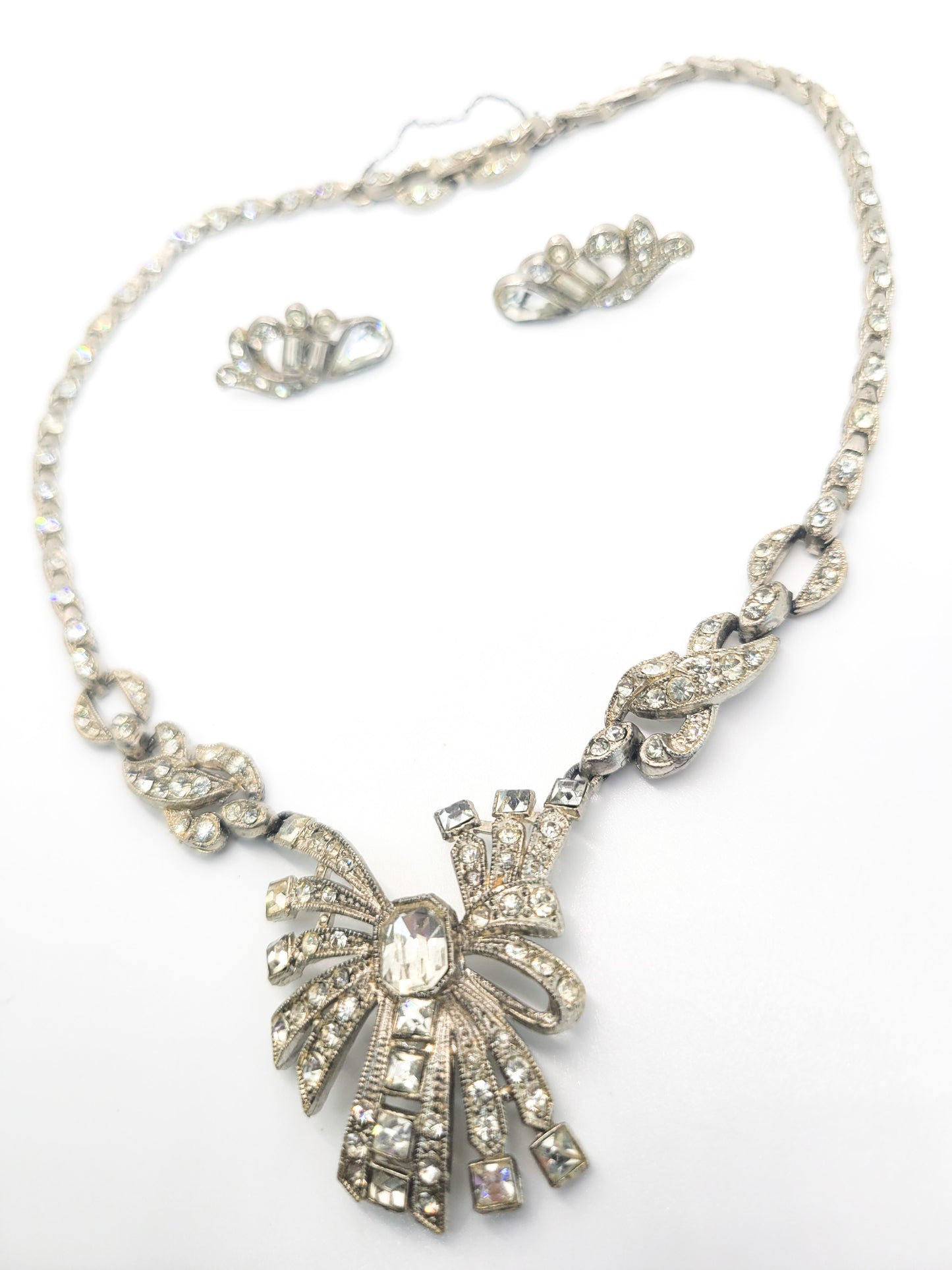 Art Deco Early Lisner demi parure Necklace and Earring vintage pave rhinestone set