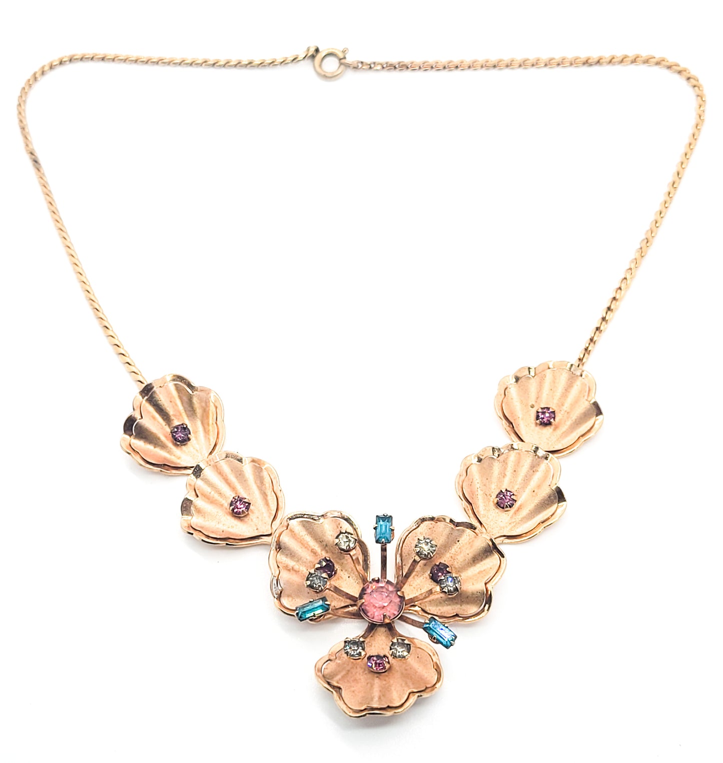 Rose gold Pansy pink and aqua blue vintage mid century rhinestone necklace MCM