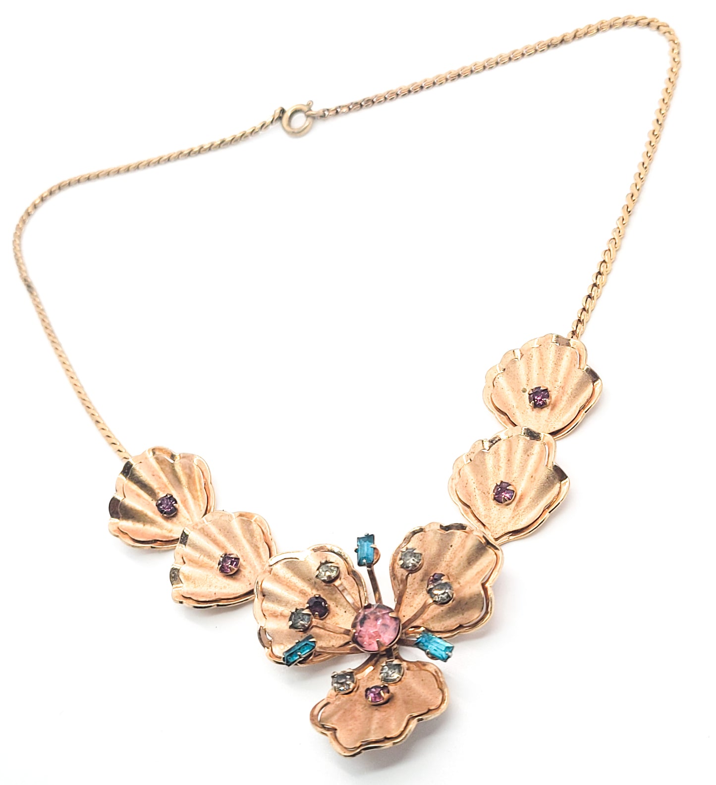 Rose gold Pansy pink and aqua blue vintage mid century rhinestone necklace MCM