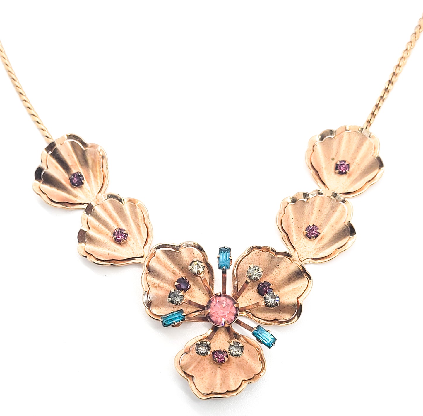 Rose gold Pansy pink and aqua blue vintage mid century rhinestone necklace MCM