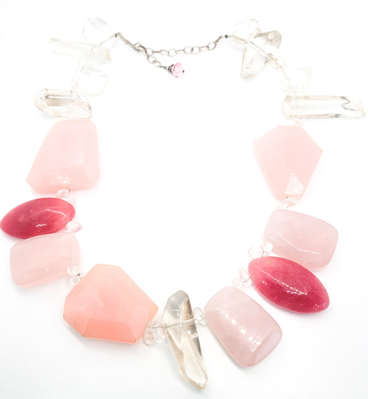 Rose and Strawberry Quartz large chunky gemstone statement necklace