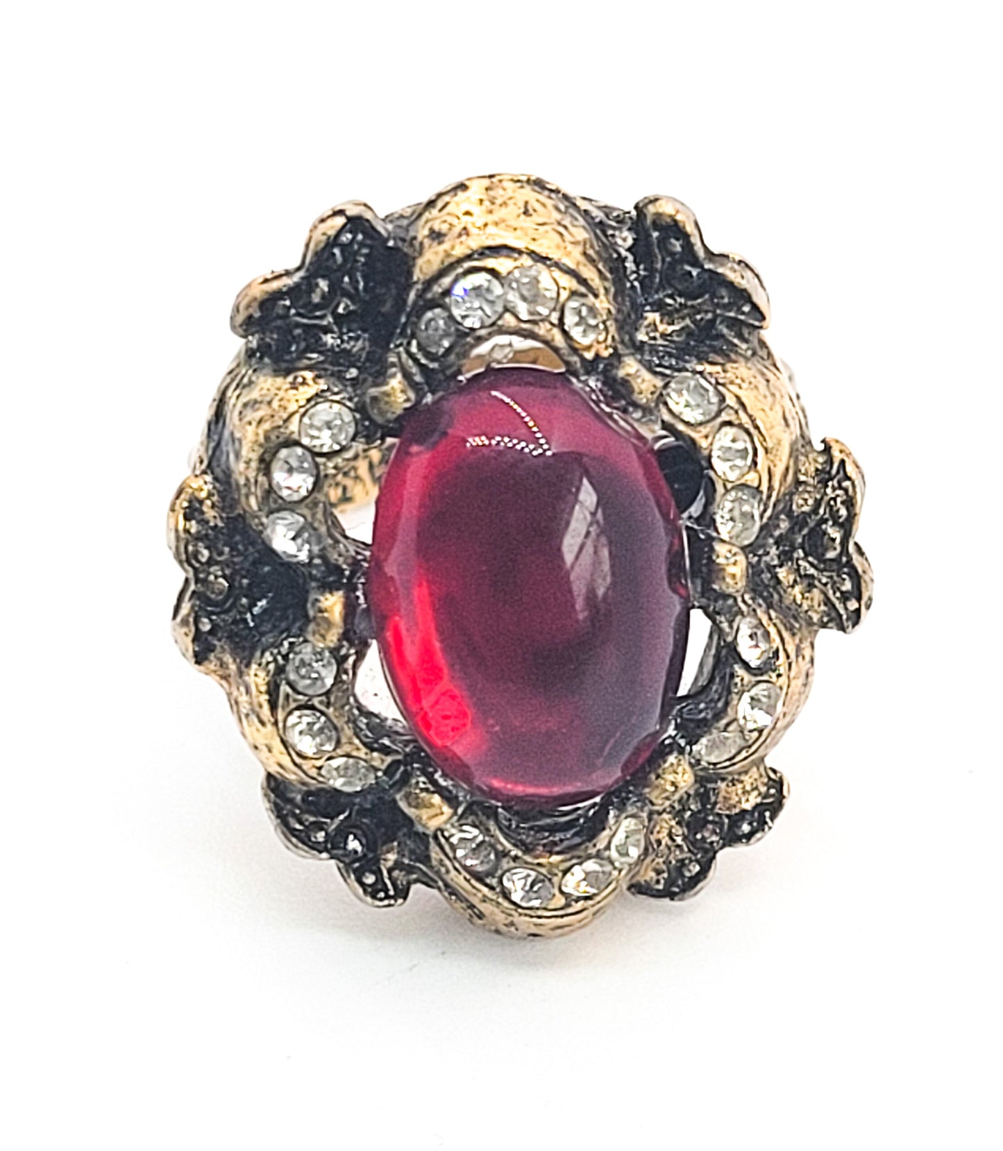 Ruby Red Jelly Belly rococo style clear rhinestone gold adjustable vintage ring
