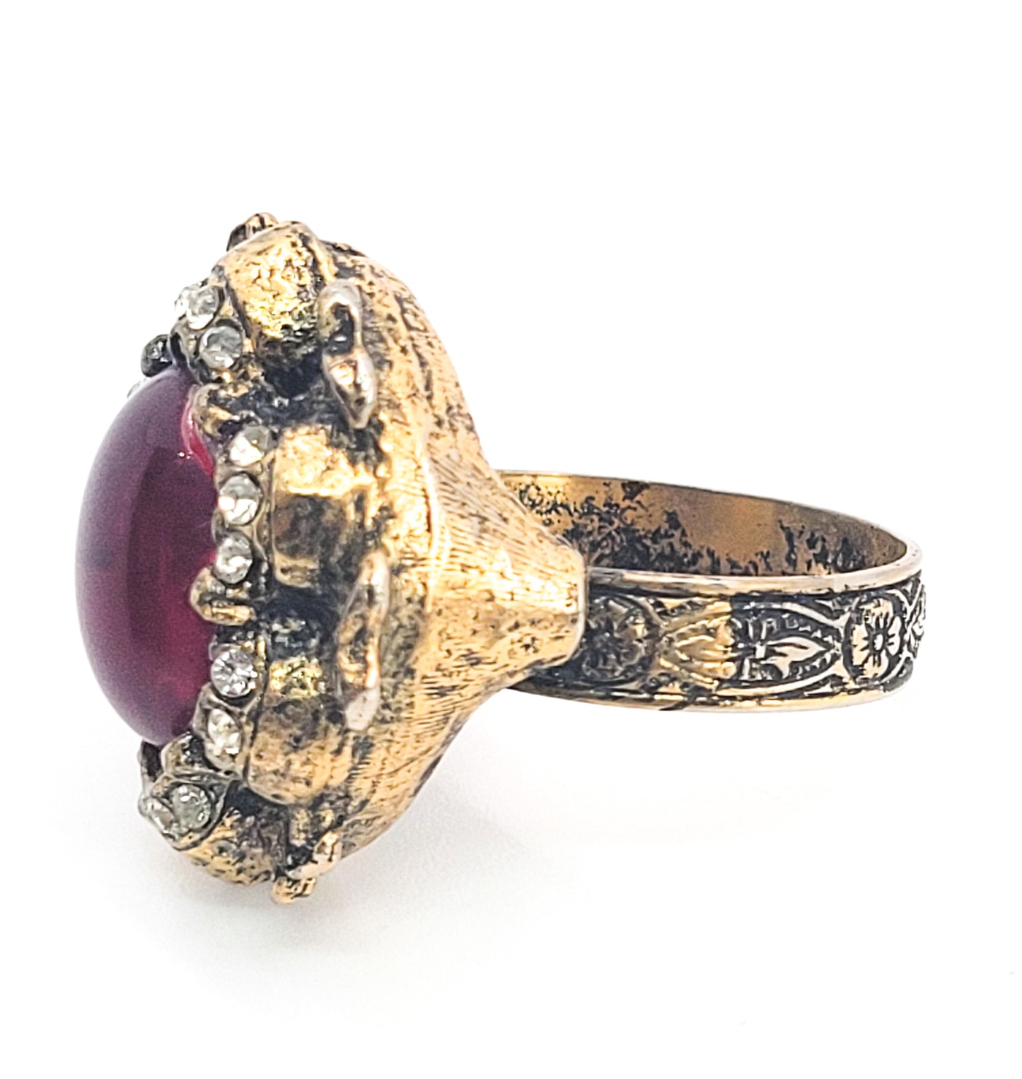 Ruby Red Jelly Belly rococo style clear rhinestone gold adjustable vintage ring