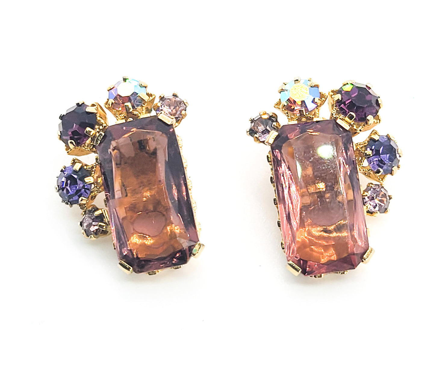 Austria large bright Purple rhinestone aurora borealis high end vintage clip on earrings