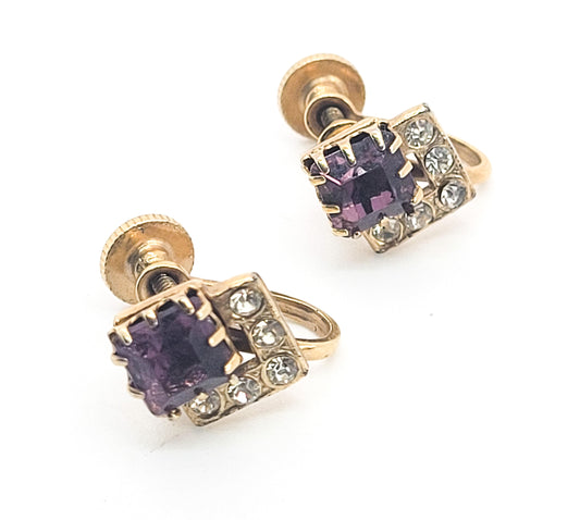 Purple princess cut clear rhinestone gold toned vintage screw back earrings