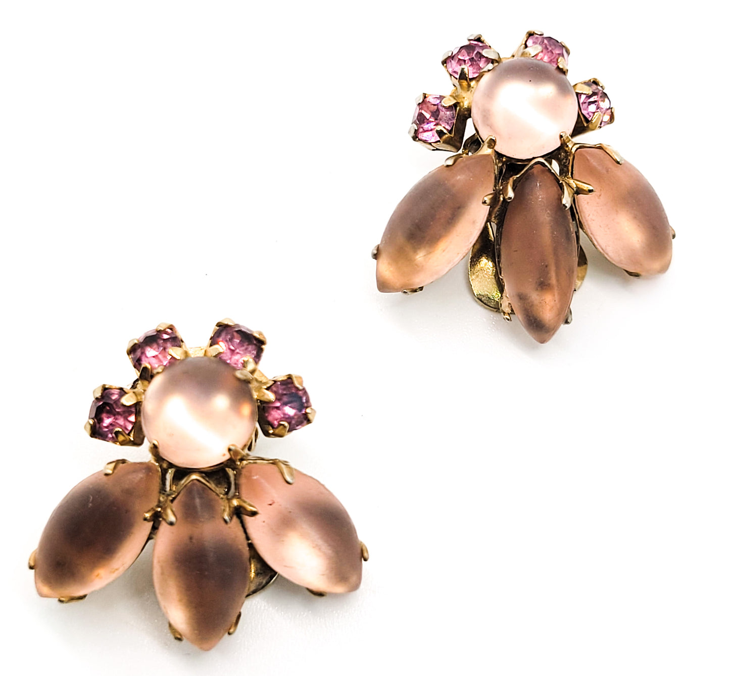 Pink Satin glass vintage rhinestone cluster clip on earrings mid century