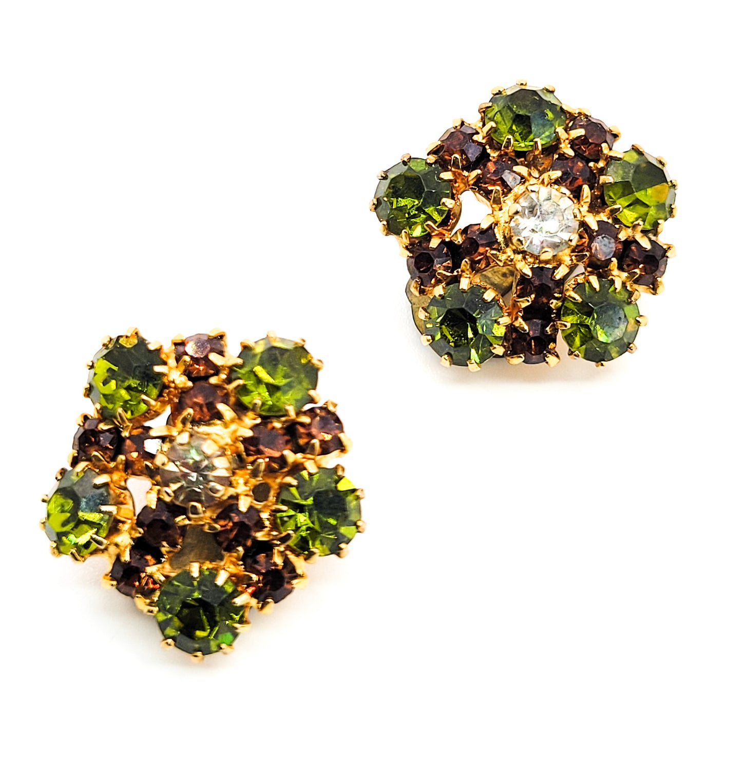 Austria topaz and green chaton vintage prong set rhinestone earrings