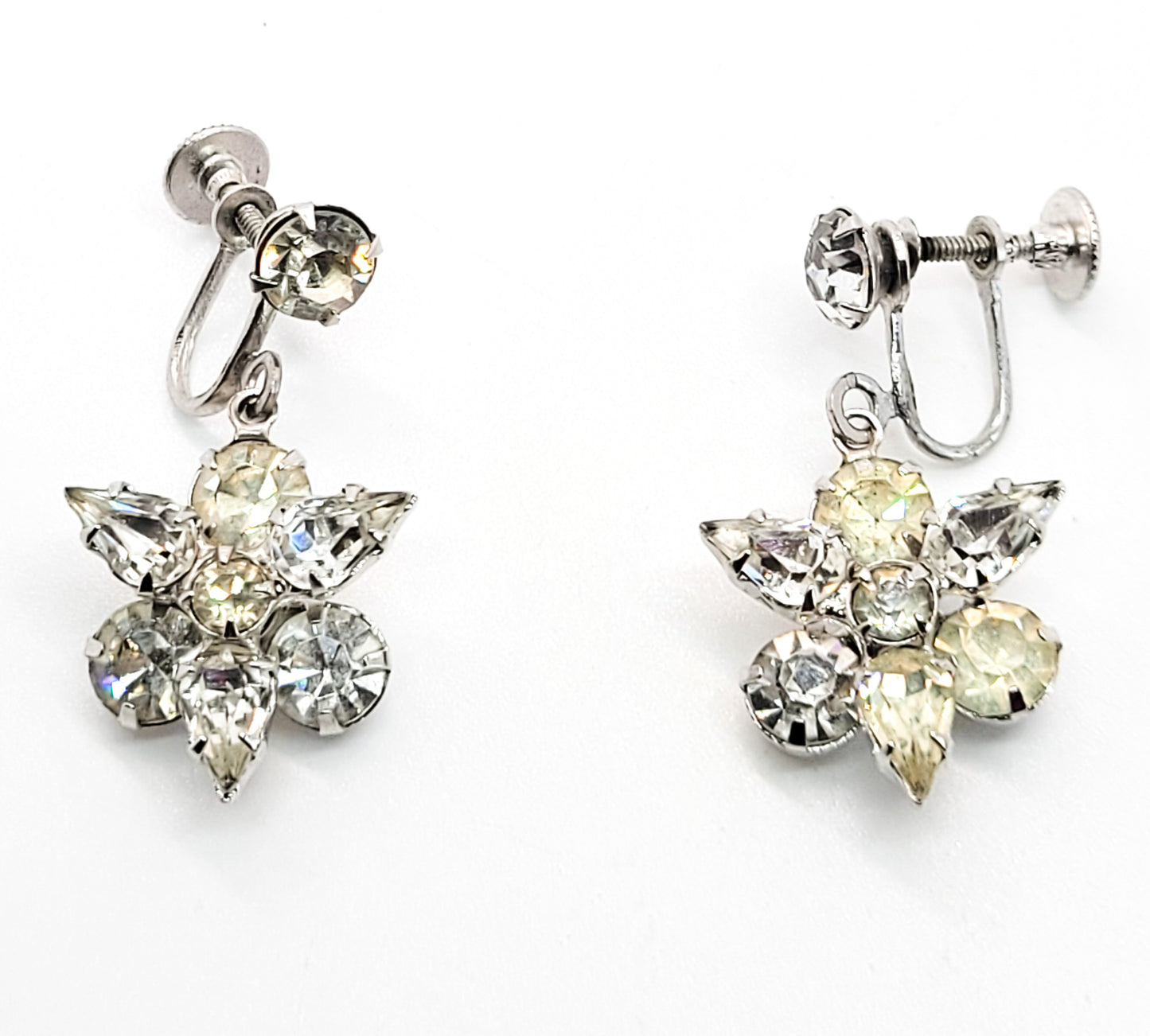 Vintage clear rhinestone navette drop silver toned screw back earrings
