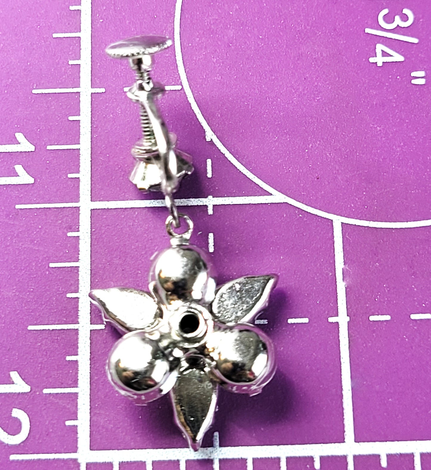 Vintage clear rhinestone navette drop silver toned screw back earrings