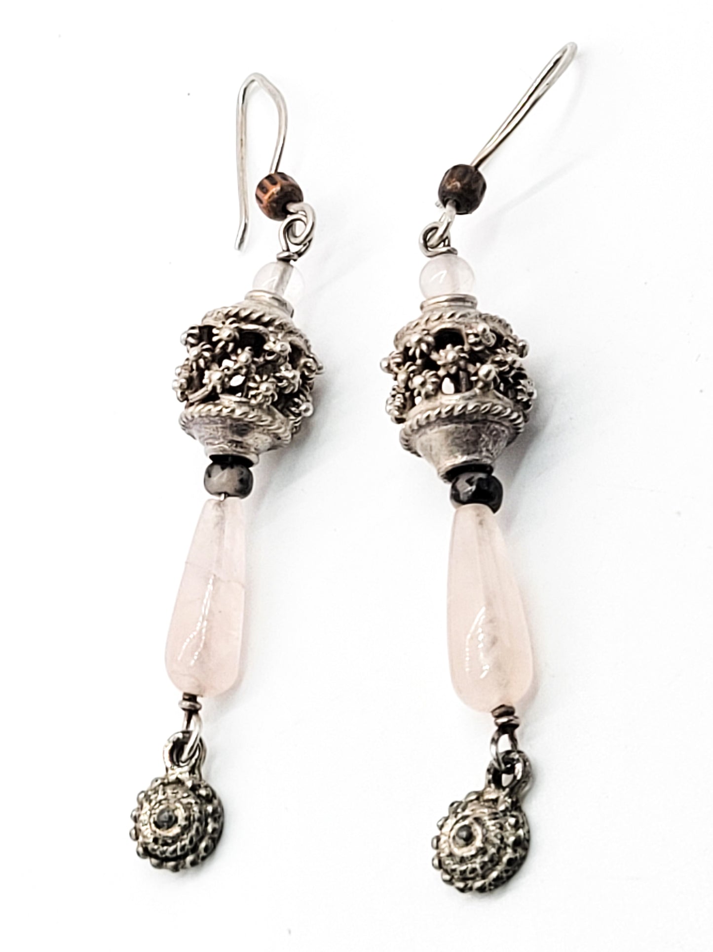 Rose Quartz sterling silver cantinelle tribal drop vintage gemstone earrings