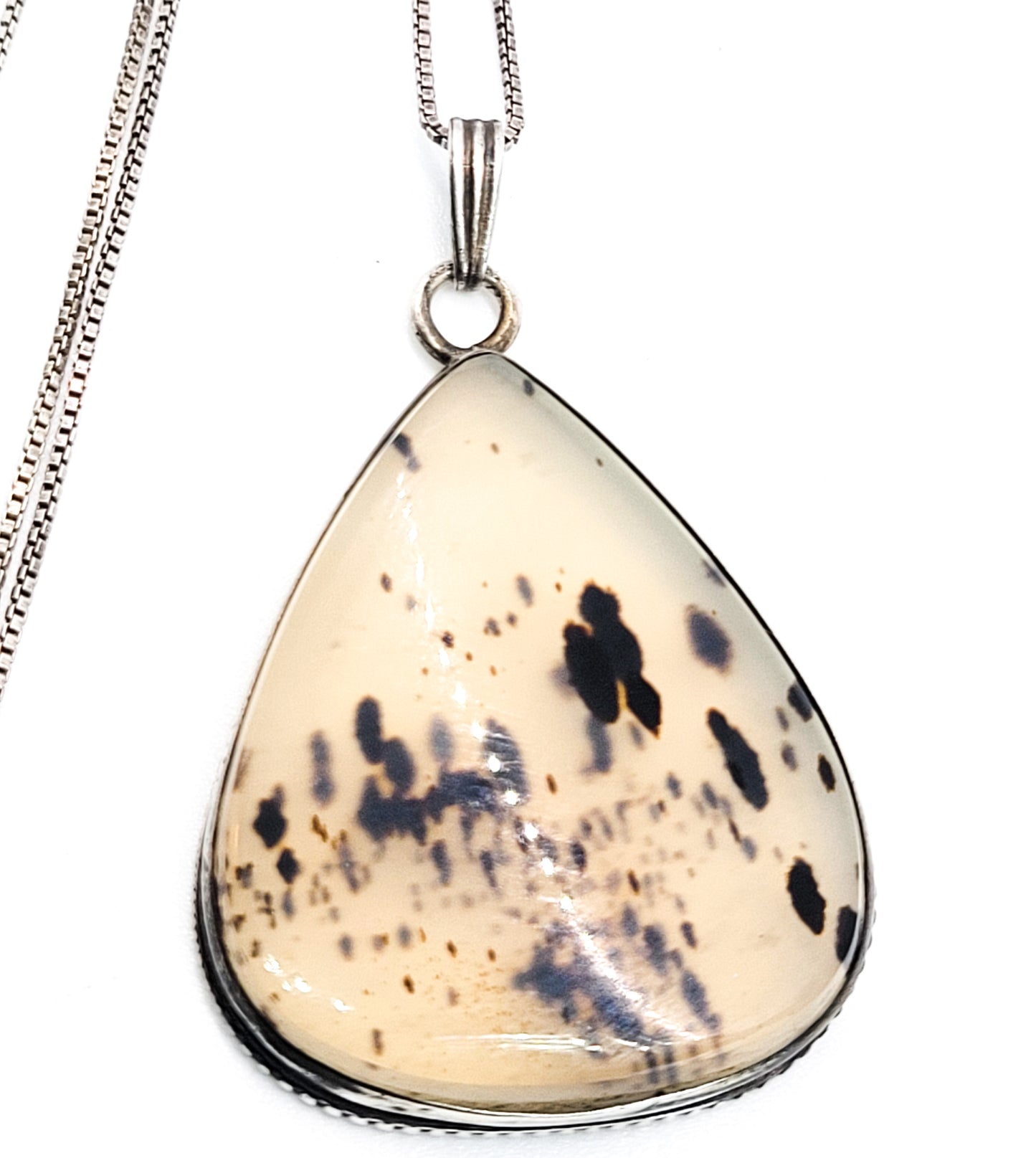 Dendritic agate pear cut sterling silver vintage pendant necklace