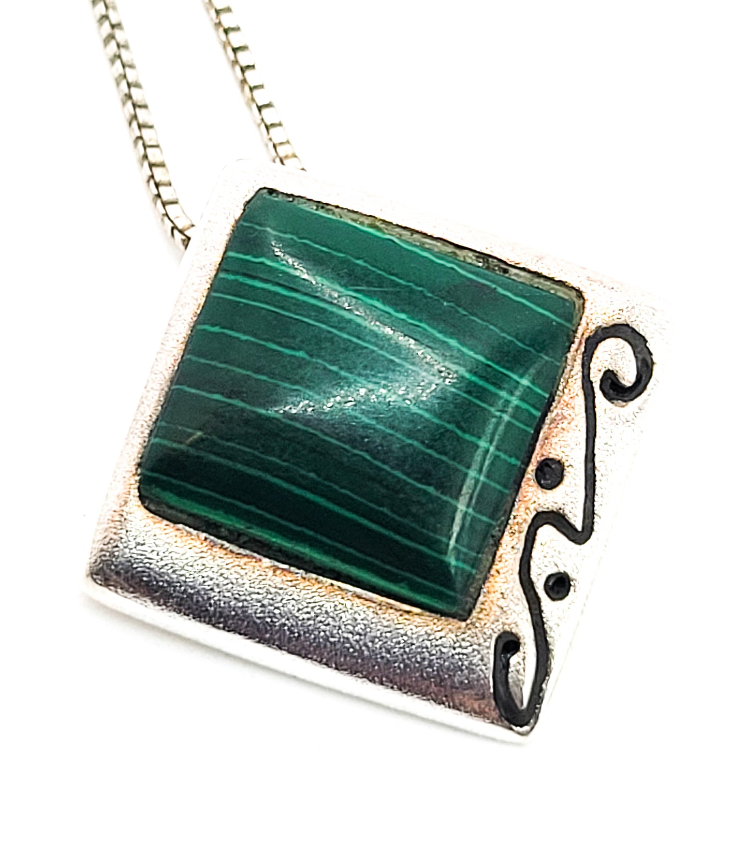 Banded Malachite green gemstone vintage sterling silver artisan pendant necklace
