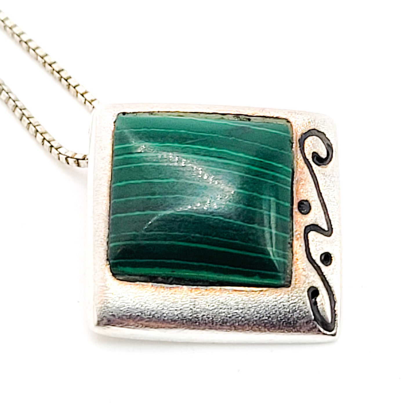 Banded Malachite green gemstone vintage sterling silver artisan pendant necklace