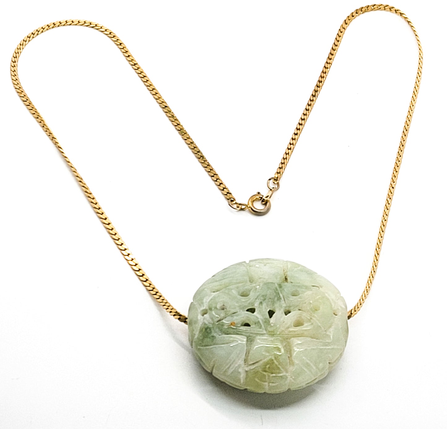 Light green Carved Nephrite Jade vintage slider pendant on gold toned necklace