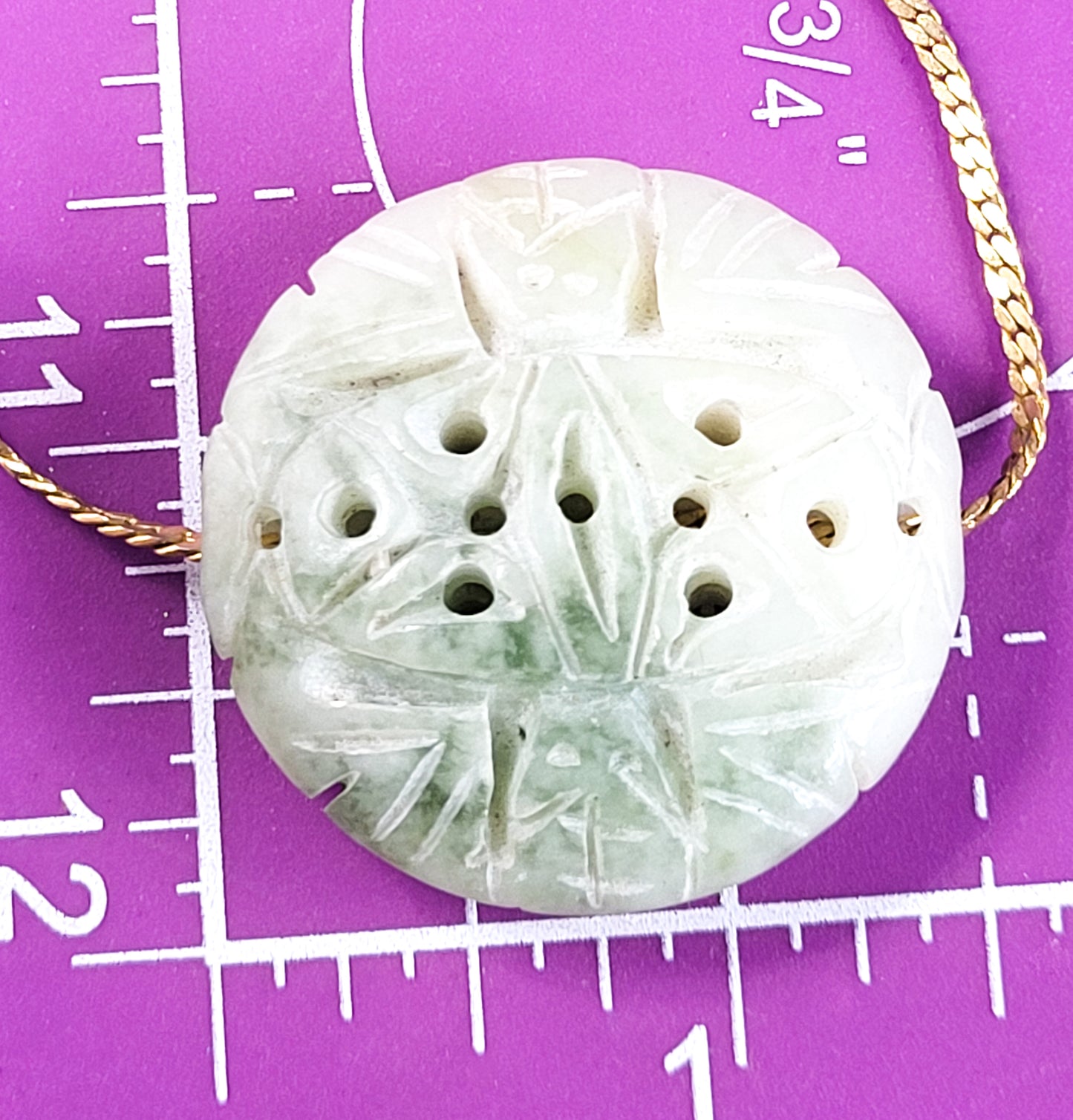 Light green Carved Nephrite Jade vintage slider pendant on gold toned necklace