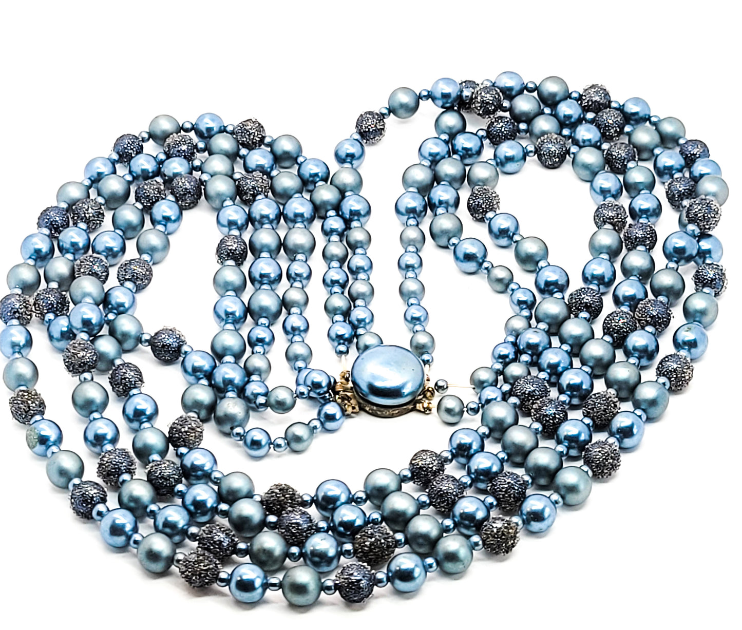 Japan Metallic Blue 4 strand sugar beaded vintage statement necklace mid century