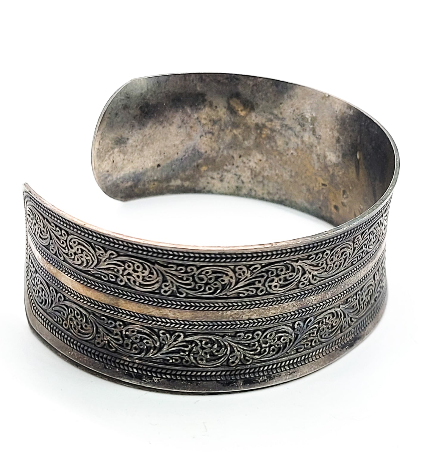 Silver plated Stamped paisley vintage cuff bracelet