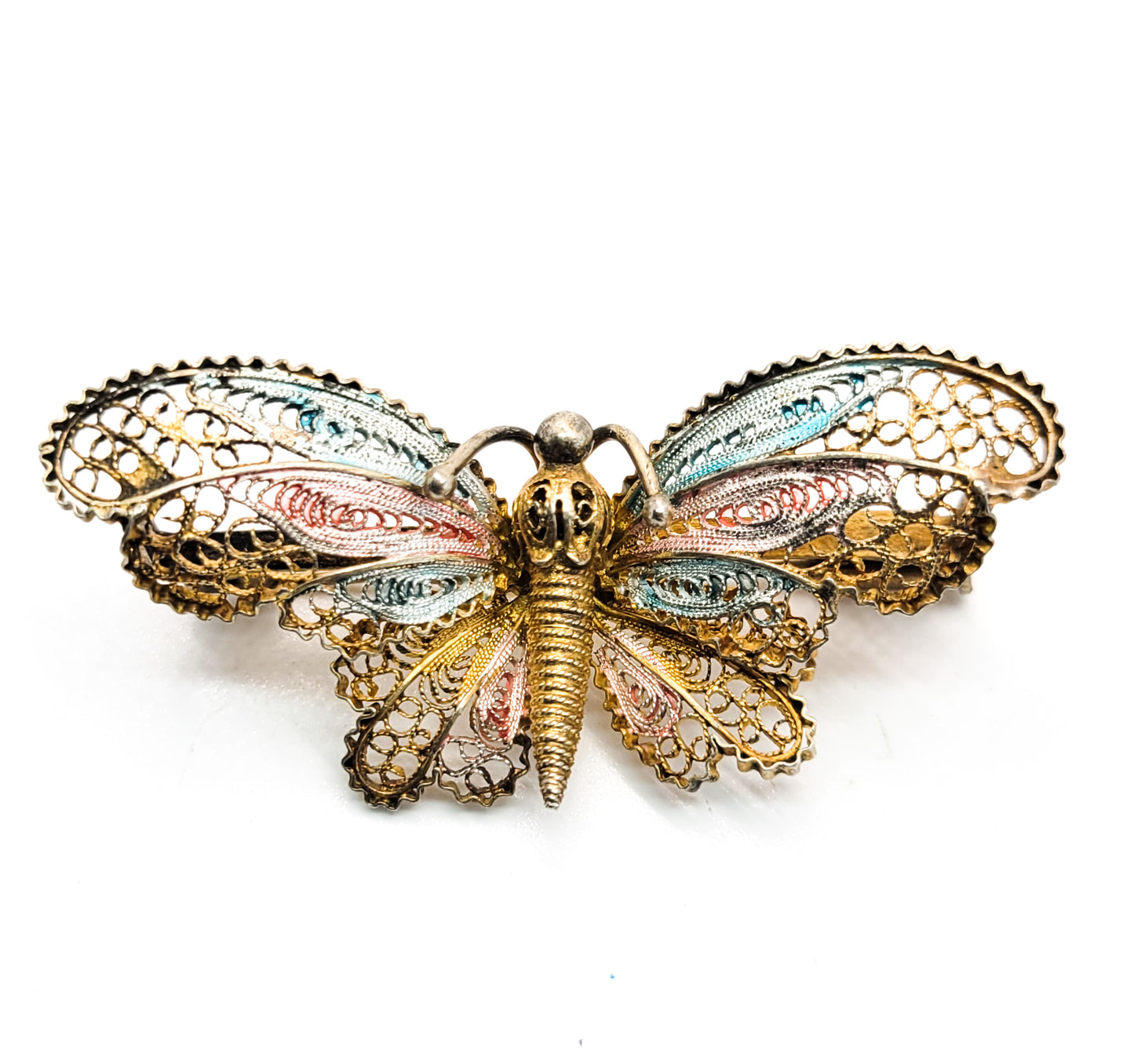 Spun silver filigree butterfly pink & blue 800 silver vintage gold gilt brooch