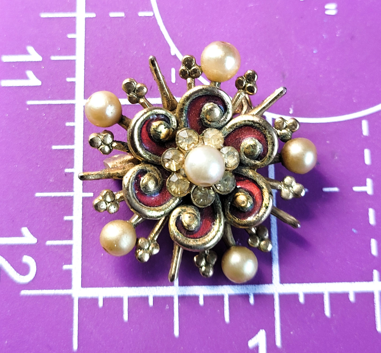 Coro red and gold anamel faux pearl flower vintage signed rhinestone brooch