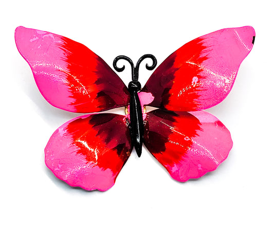 Bright pink and black vintage tin butterfly brooch UV reactive