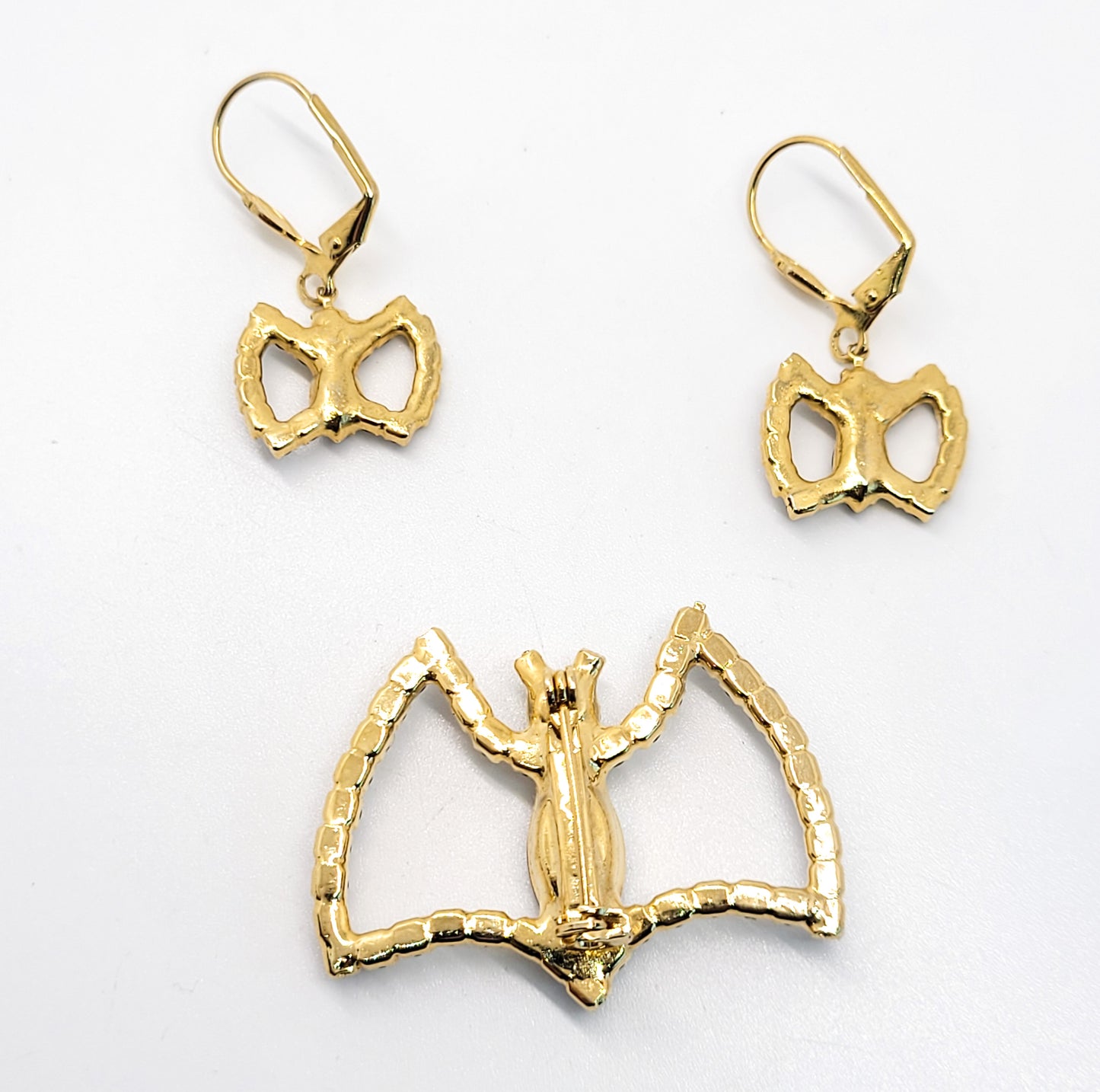 Bats Black and gold black rhinestone brooch and earrings bat demi parure set
