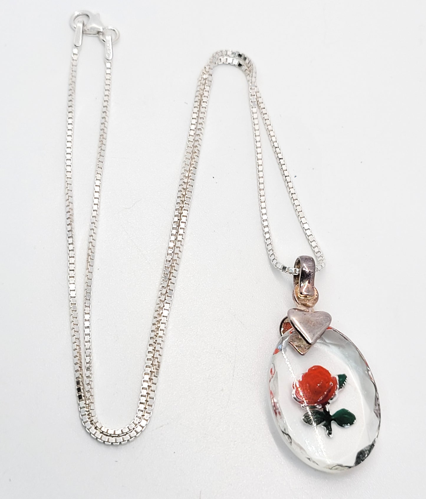 Reverse painted Rose on crystal Milor Italy sterling silver pendant necklace