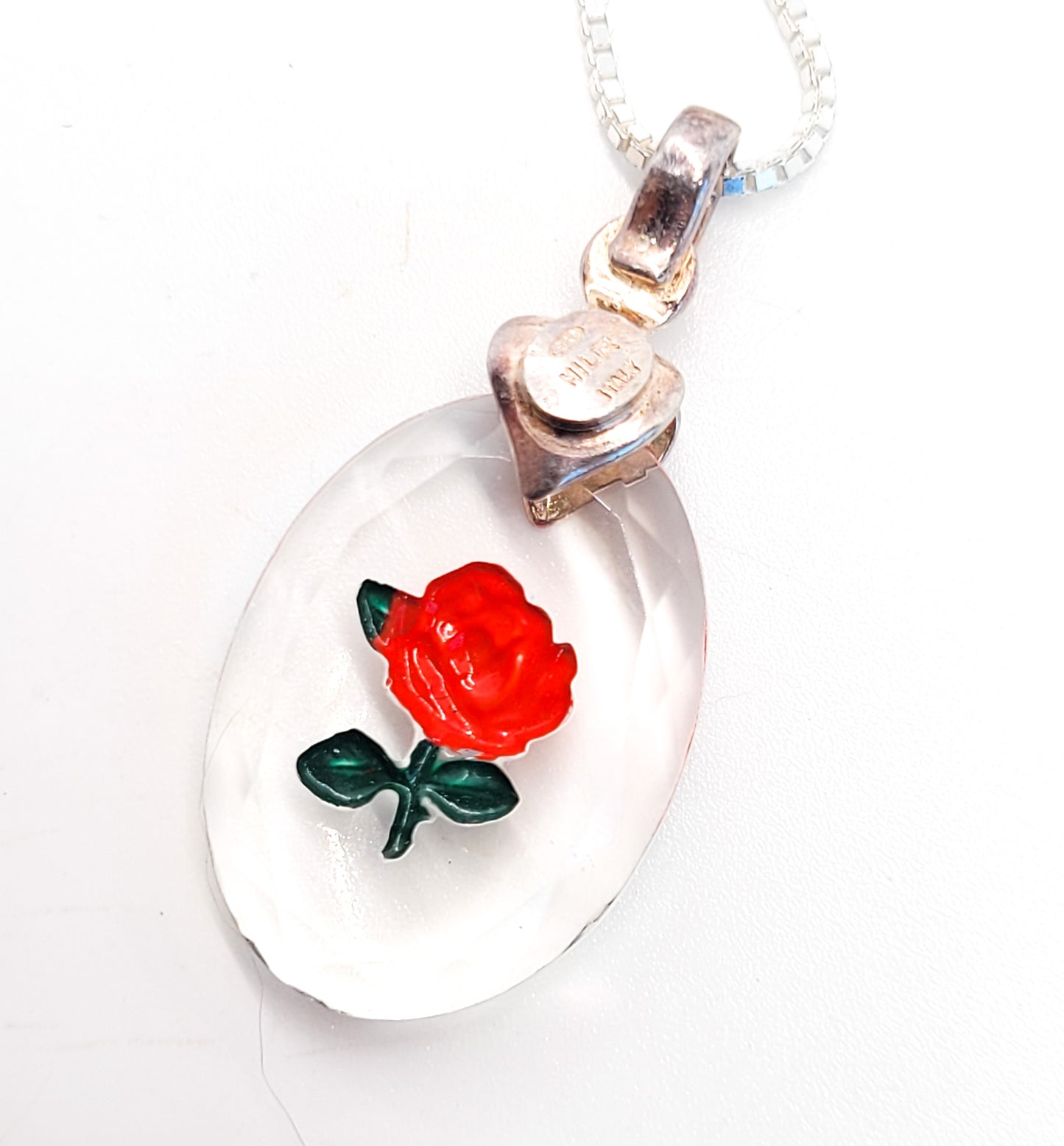 Reverse painted Rose on crystal Milor Italy sterling silver pendant necklace