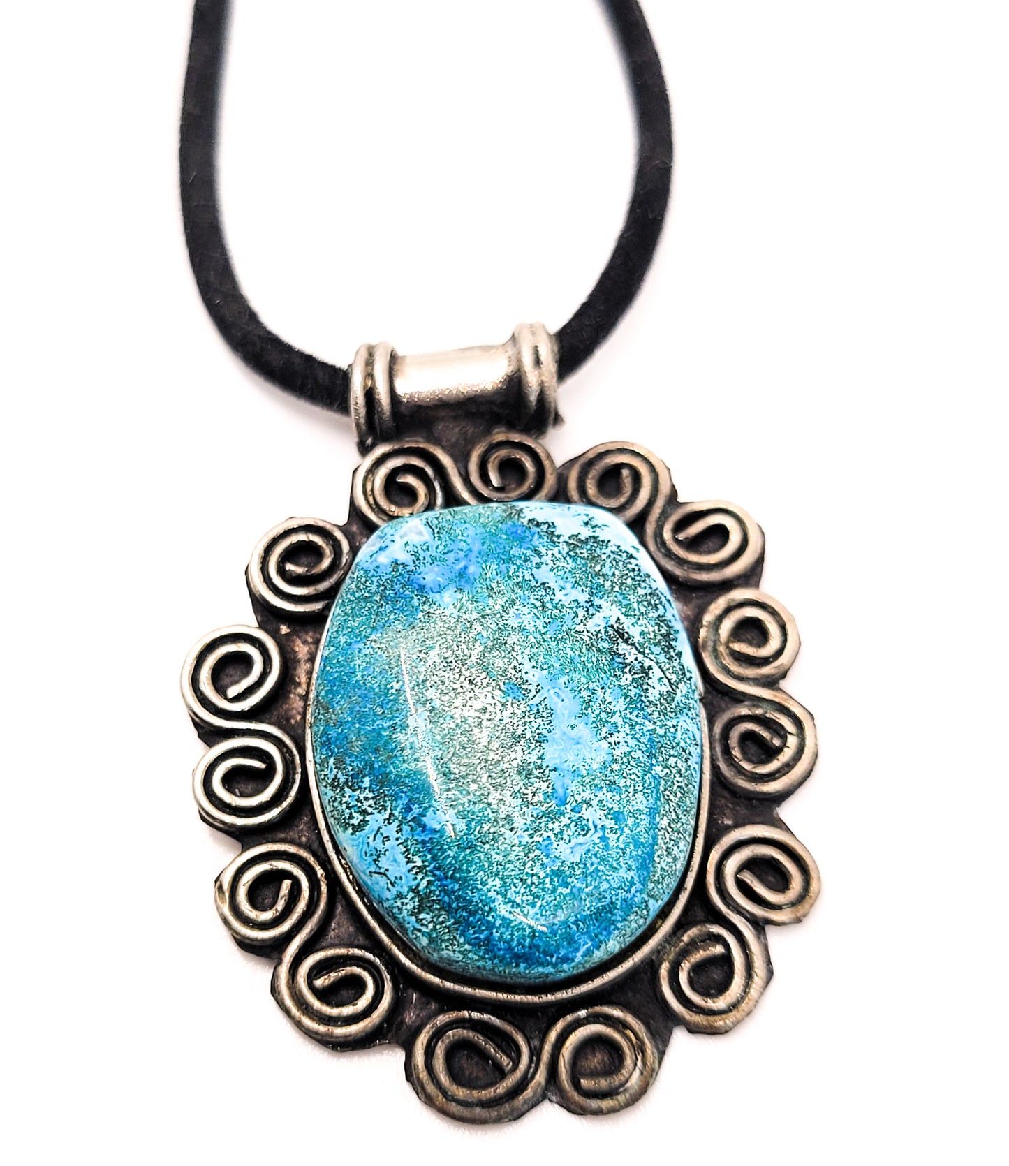 Tribal Blue gemstone vintage silver plated pendant on black suede necklace
