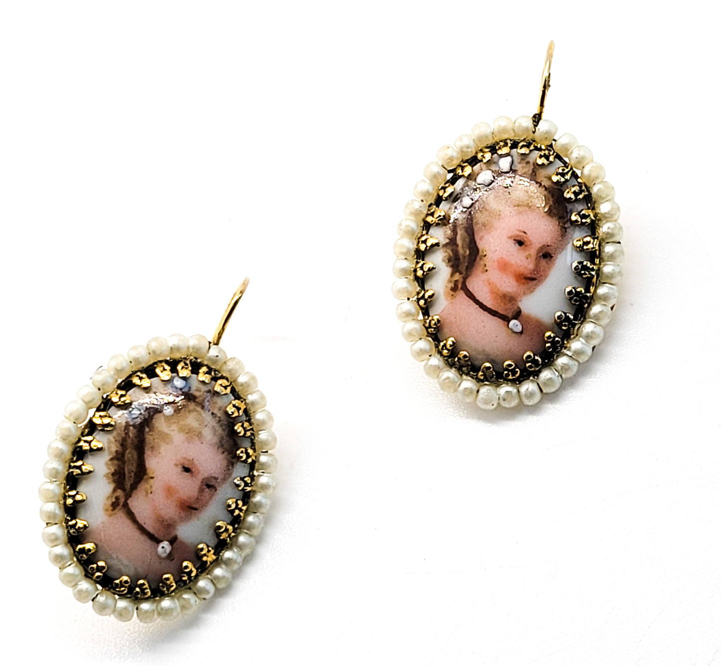 Cameo transferwear painted lade porcelain earrings with pearl beaded halo