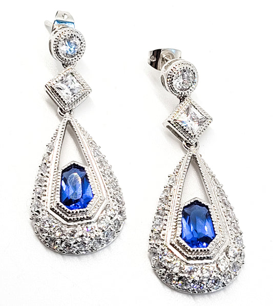 Sapphire blue silver plated princess cut pave set pierced earrings