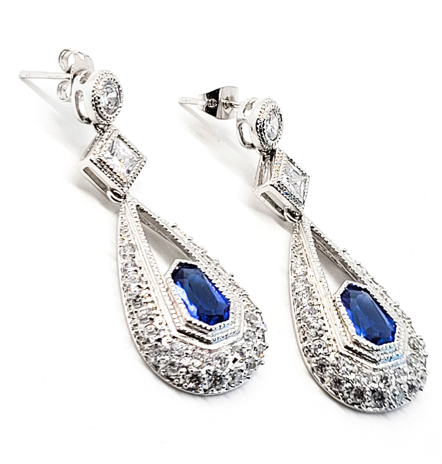 Sapphire blue silver plated princess cut pave set pierced earrings