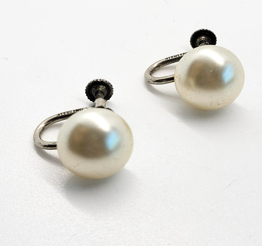 White faux pearl vintage sterling silver screw back button earrings