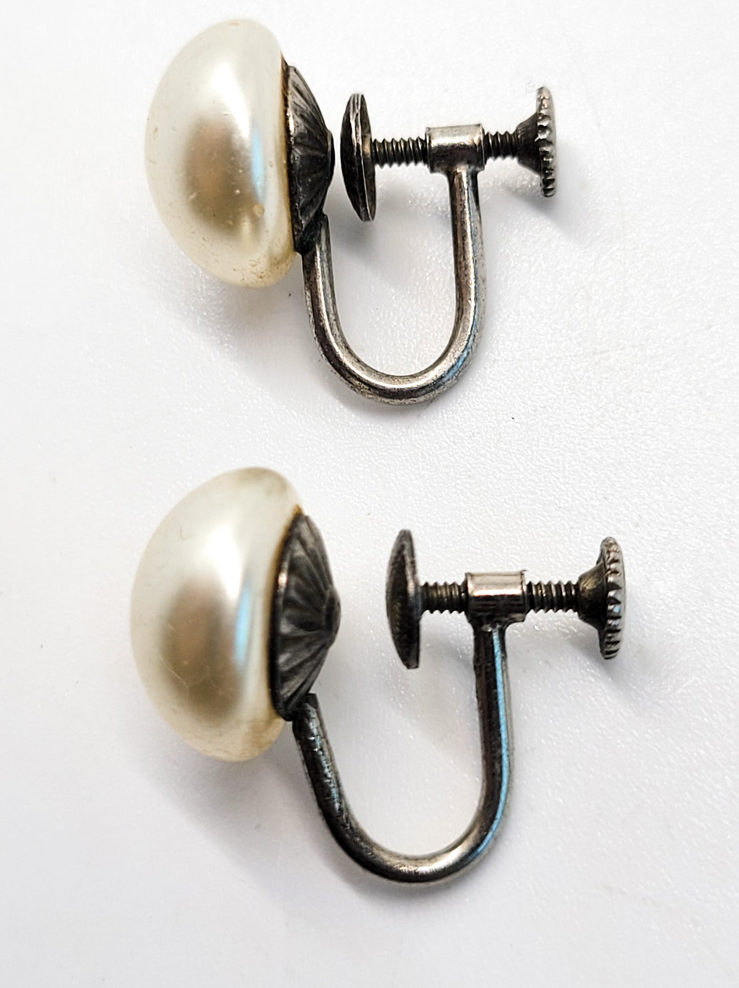 White faux pearl vintage sterling silver screw back button earrings