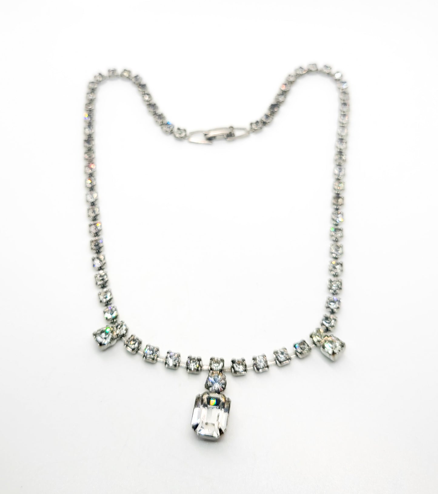 Emerald cut clear rhinestone dainty vintage collar necklace mid century