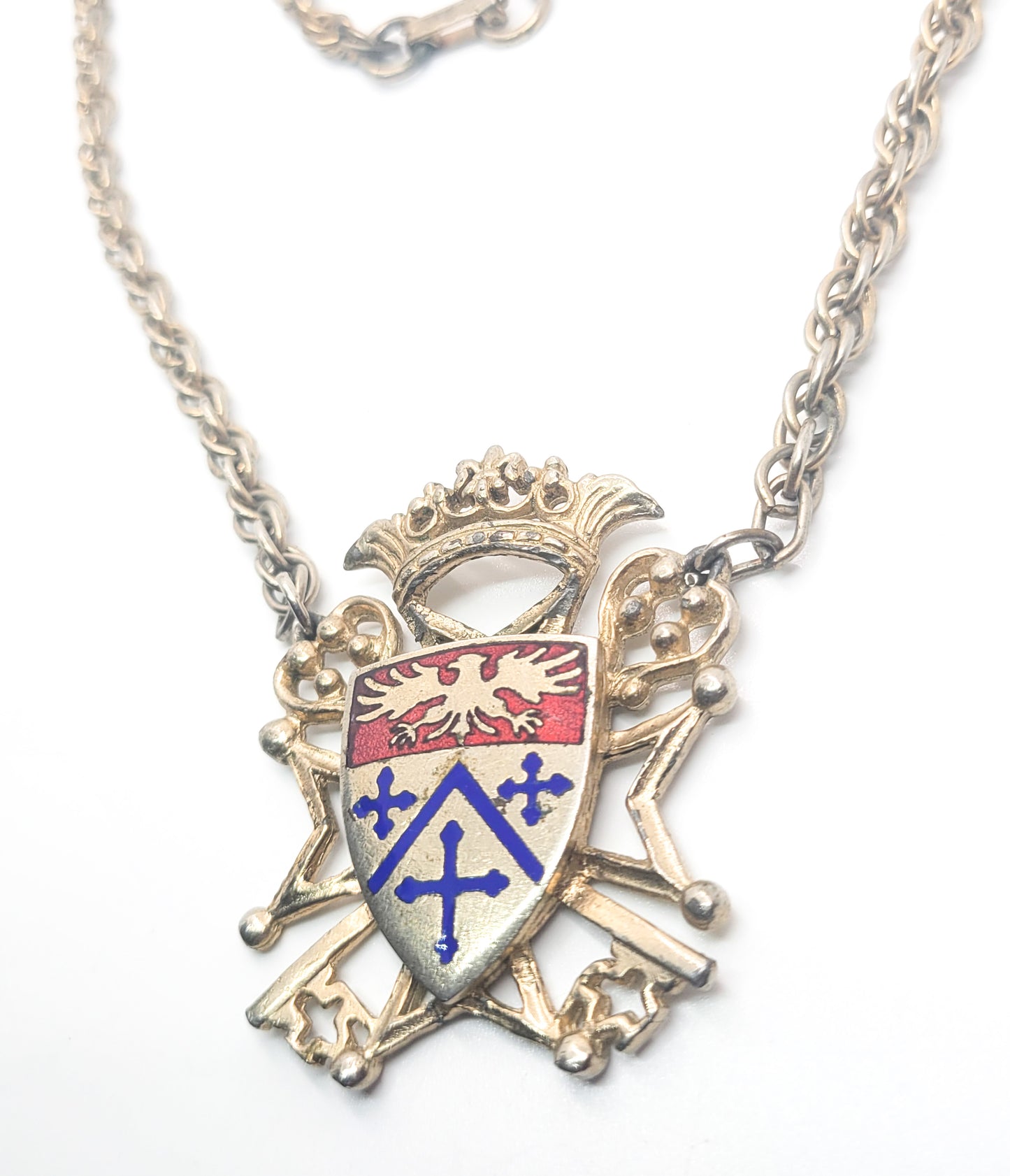 Maxann signed Heraldic gold tone enamel vintage crown and shield necklace