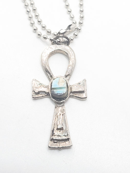 Ankh Egyptian revival Turquoise blue Faience scarab silver plated pendant necklace