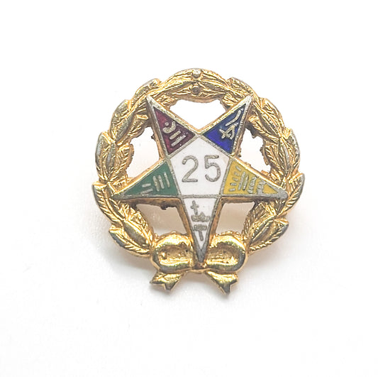 Order of the Eastern Star Masonic gold tone enamel 25 year vintage brooch
