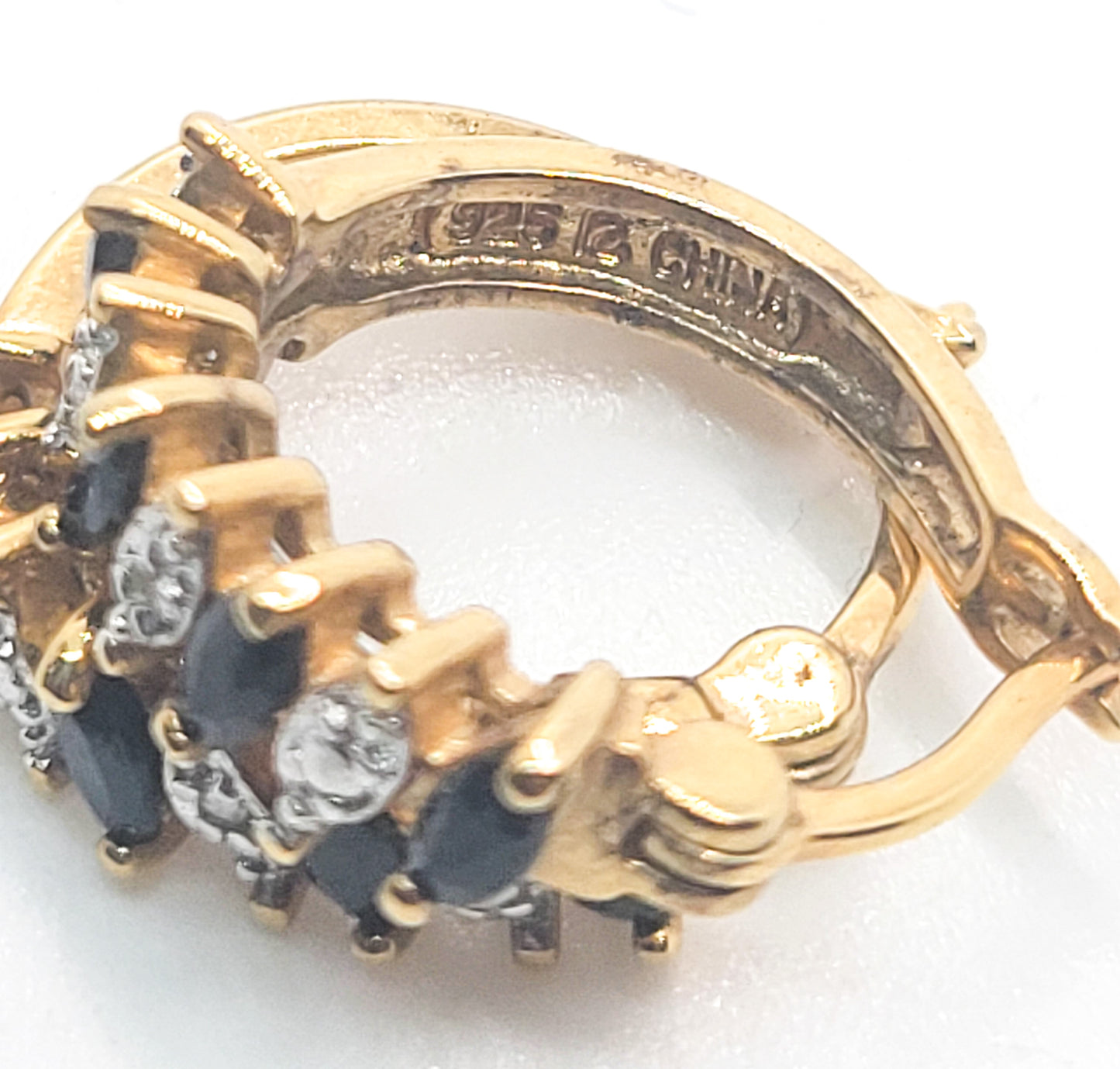 Black spinel gold over sterling silver vintage leverback hoop earrings